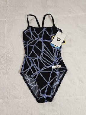 Arena Girls' Black One-Piece Swimsuit with Blue Geometric Print(SW300-07)